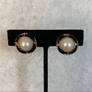 Faux Pearl & Black Enamel & Crystal Clip Earrings